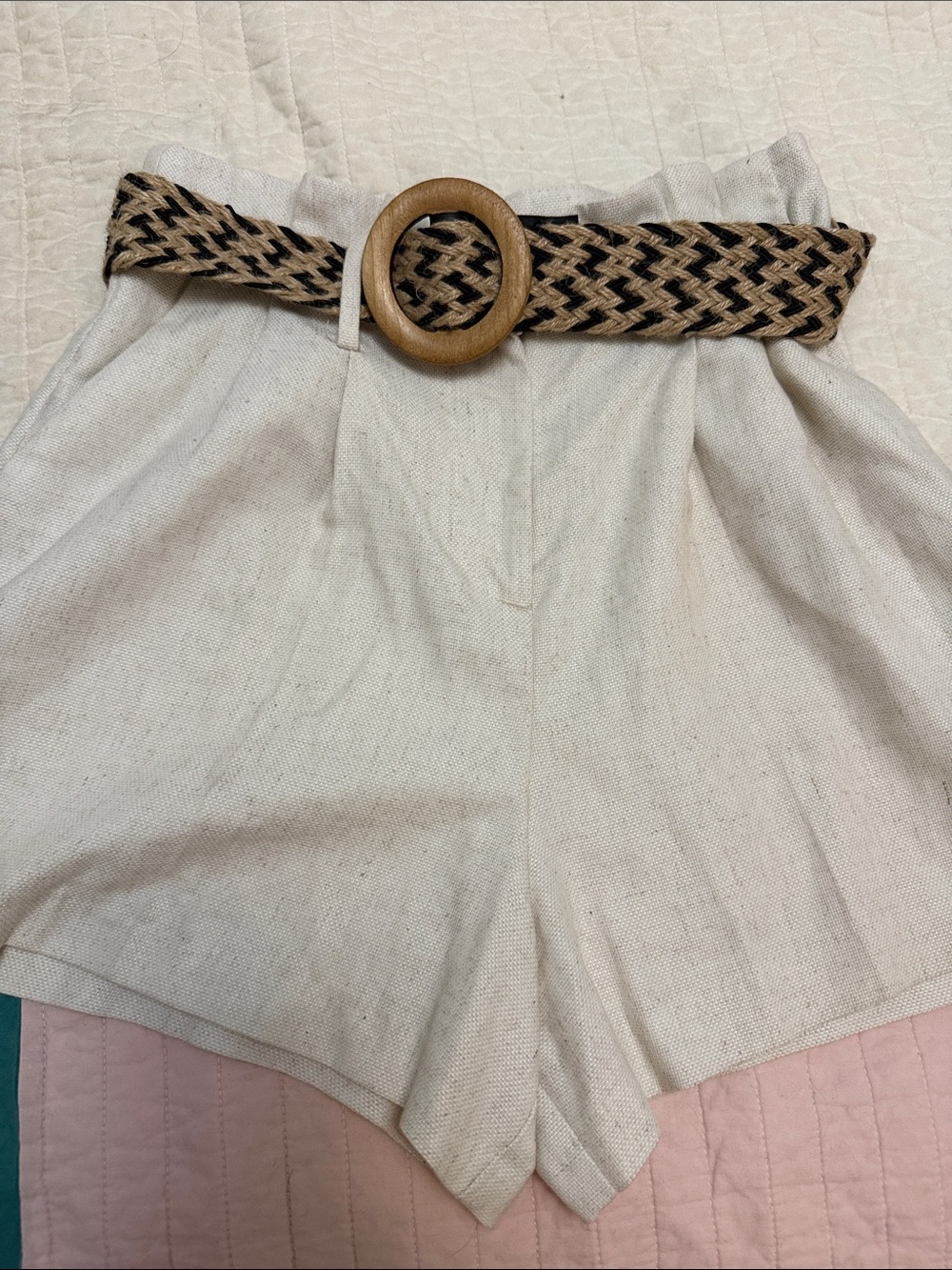 Zara Cream Textured High-Rise Shorts